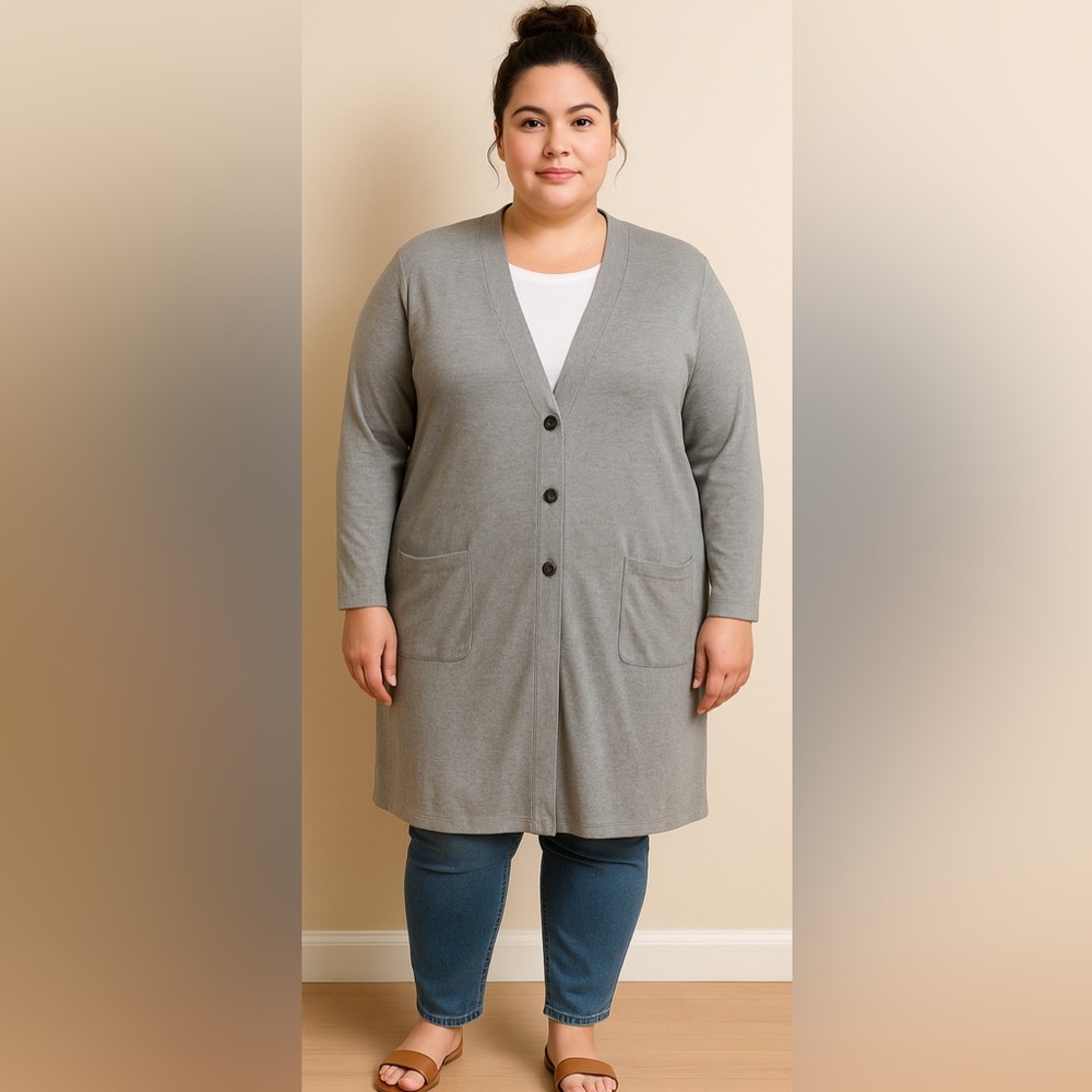 J. Jill silk cotton blend plus‎ size cardigan long-line lightweight grey gray 1X